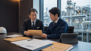プラント工事M&Aの秘密保持と情報開示を相談する様子