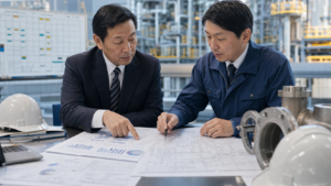 工事台帳と図面を確認しプラント工事会社の現場価値を整理する様子