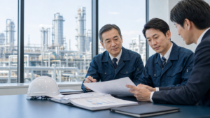プラント工事会社の事業承継を相談する経営者とアドバイザー